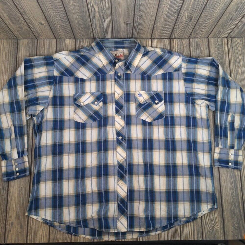 Wrangler American Cowboy Western Blue Plaid Pearl Snapโ Vintage Men Shirt 2XL